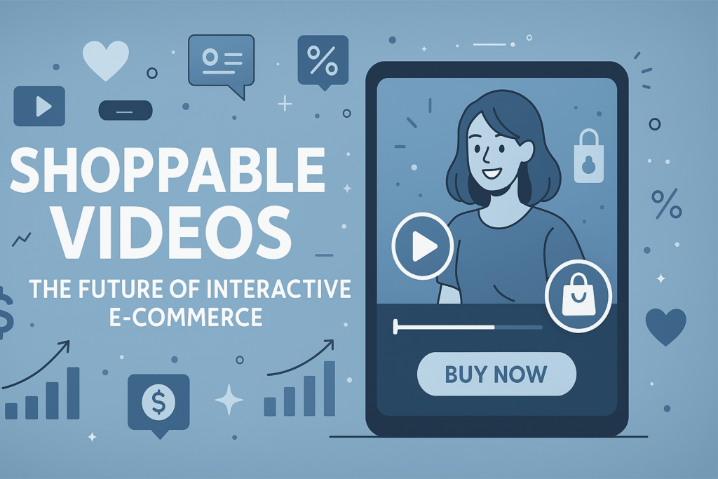 Illustration of a woman in a video player interface with interactive shopping elements, including a 'Buy Now' button, shopping bag icon, and play button, representing the concept of shoppable videos in e-commerce. Surrounded by icons like charts, hearts, and messages, the background emphasizes digital shopping and engagement.